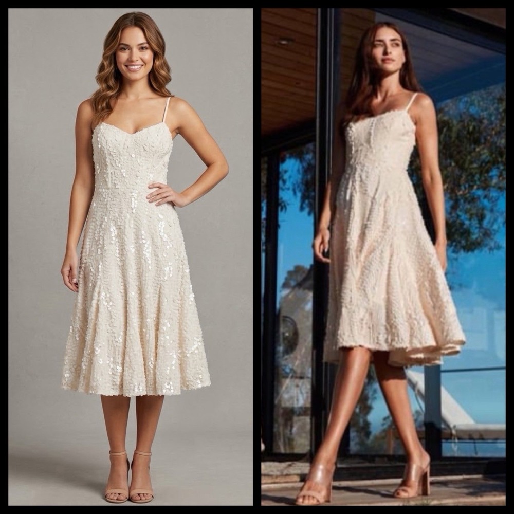 Dress the Population Flora Sequin Dress Sz S Fit & Flare Cream Sparkly Glam EUC